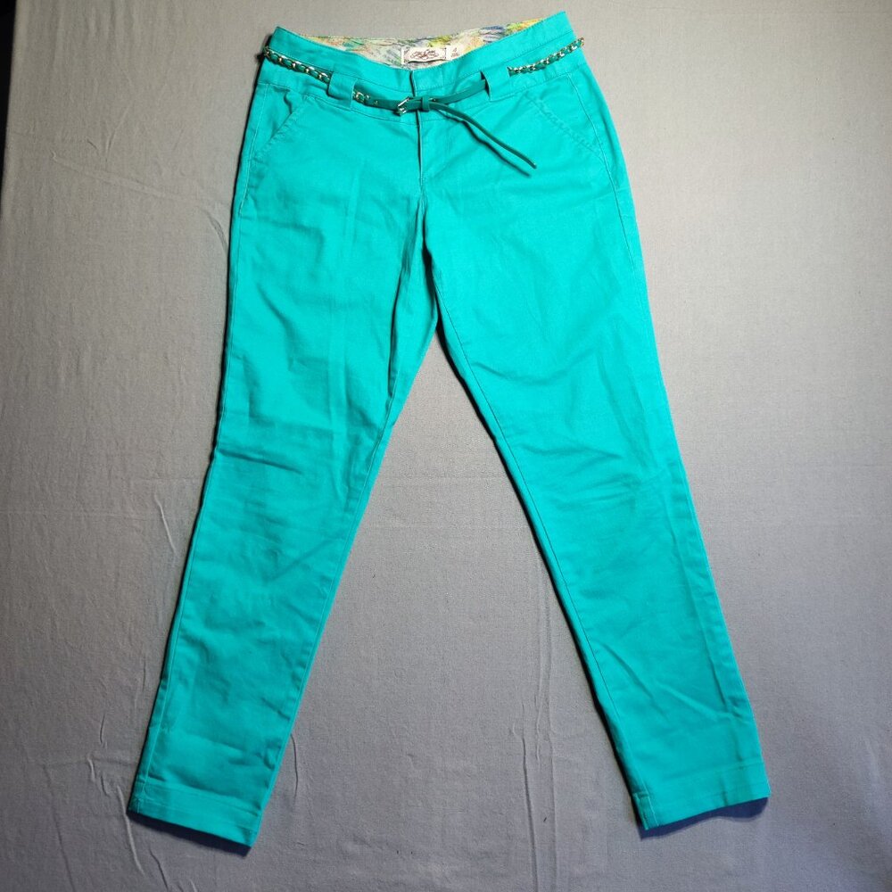 One 5 One dress pants women's size 4 turquoise, with chain belt